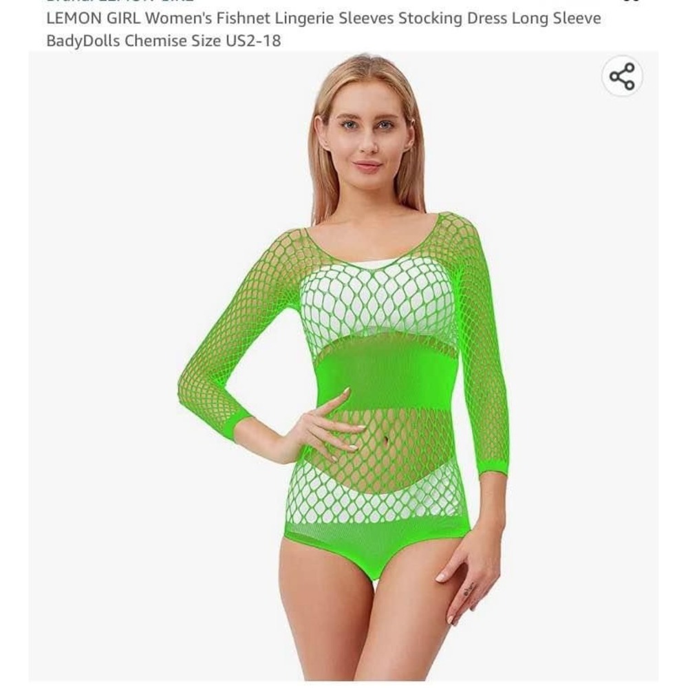 LEMON GIRL Neon Green Fishnet Body Stocking Long Sleeve Lingerie Chemise OS